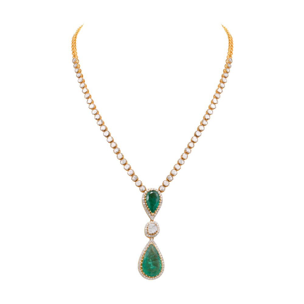 Claw-Set Emerald and Diamond Pendant Necklace